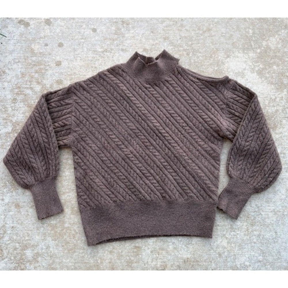 Express Womens Taupe Brown Diagonal Cable Knit Cold Shoulder Mock Neck Sweater S